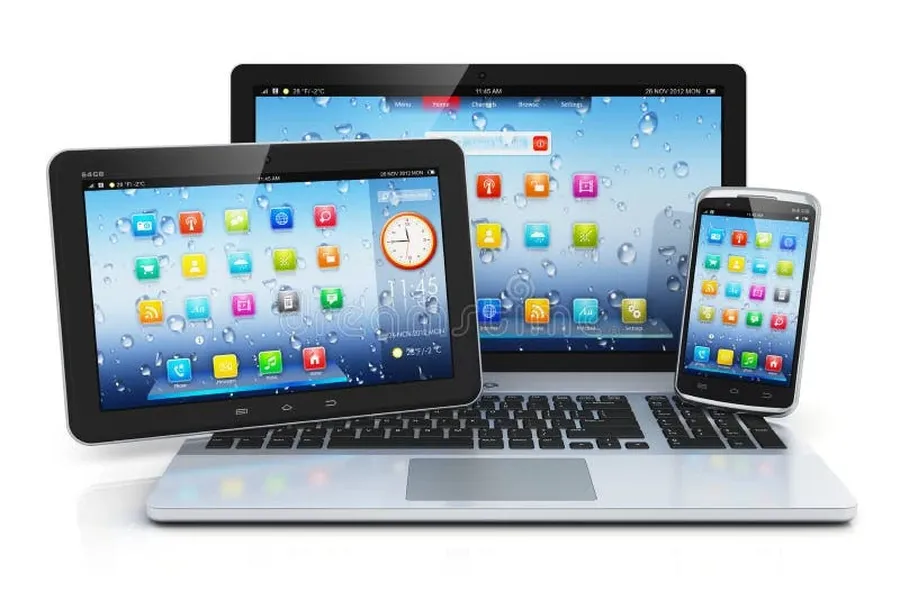 A smartphone, a laptop, and a tablet are placed side by side.
