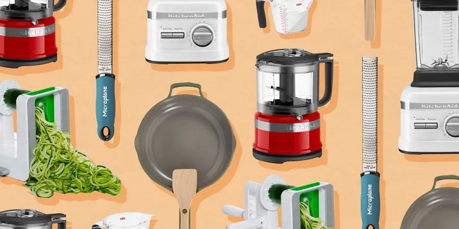 Various home appliances like a microwave and blender in a kitchen setting.