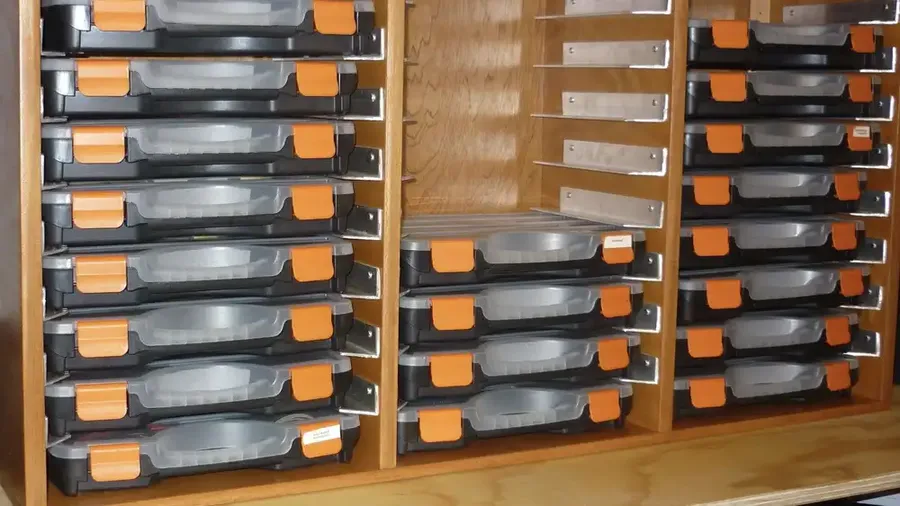 Shelves stocked with various electronic components in a local store.