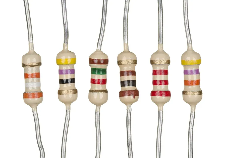 A variety of axial lead resistors with different color codes.