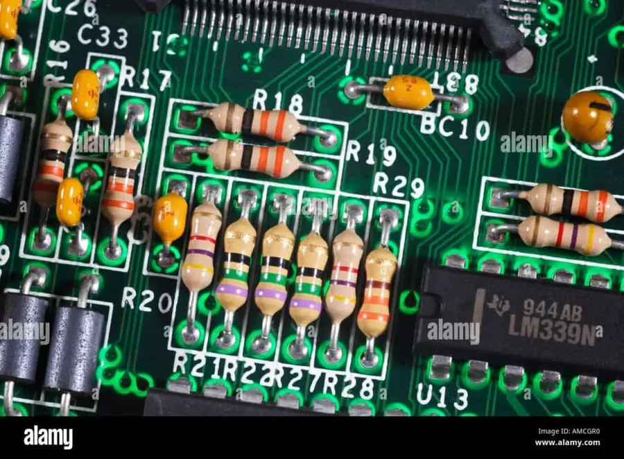 Resistors soldered onto a circuit board.