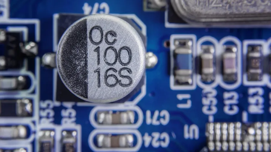 A close-up shot of various electrolytic capacitors.
