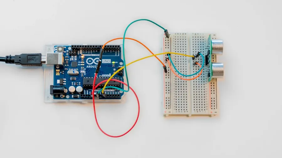 An Arduino board connected to various sensors.