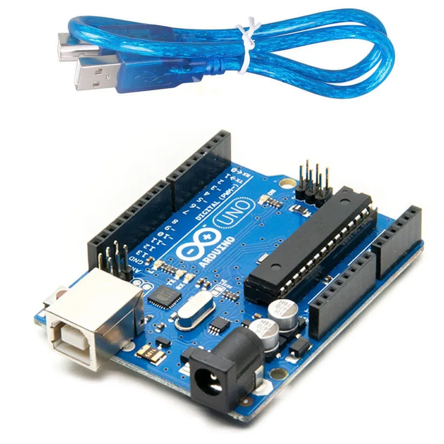 A close-up view of an Arduino Uno board.
