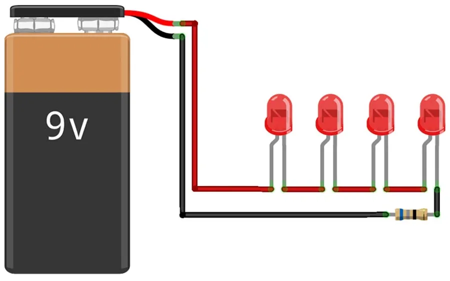 LED lights with resistors connected in series in a practical circuit.