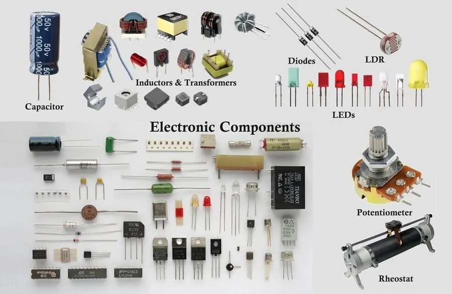 A variety of electronic components laid out on a surface.