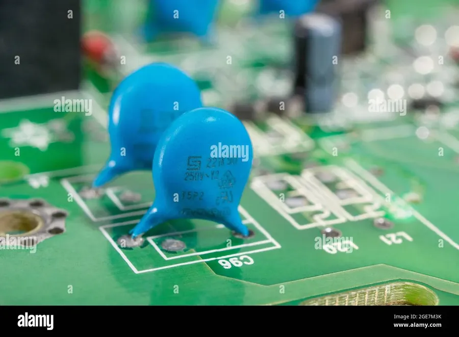 Ceramic capacitors on a circuit board.