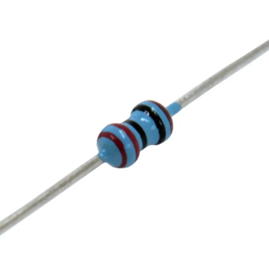 A close up of a 220 ohm resistor showing its color bands.