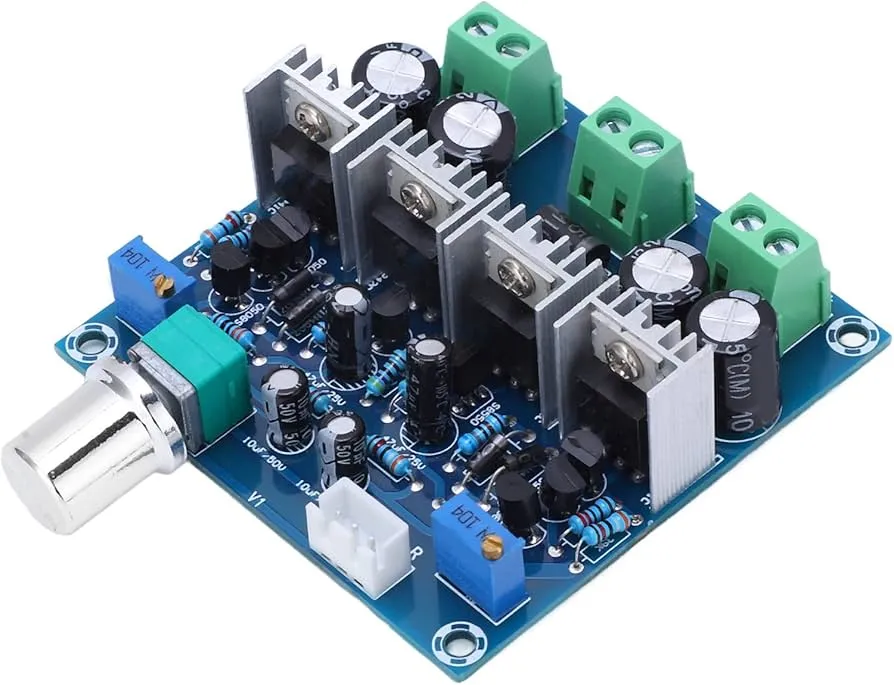 An audio amplifier circuit board featuring several electronic components.