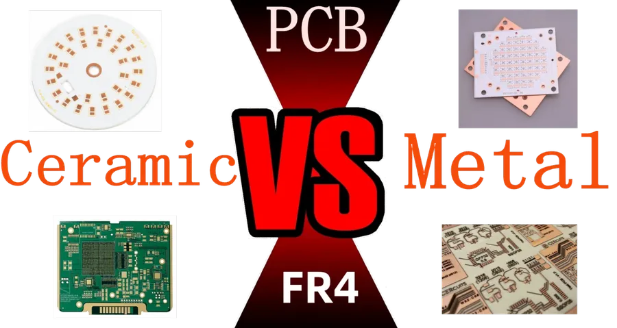 A side-by-side comparison of an FR4 PCB and a ceramic PCB.