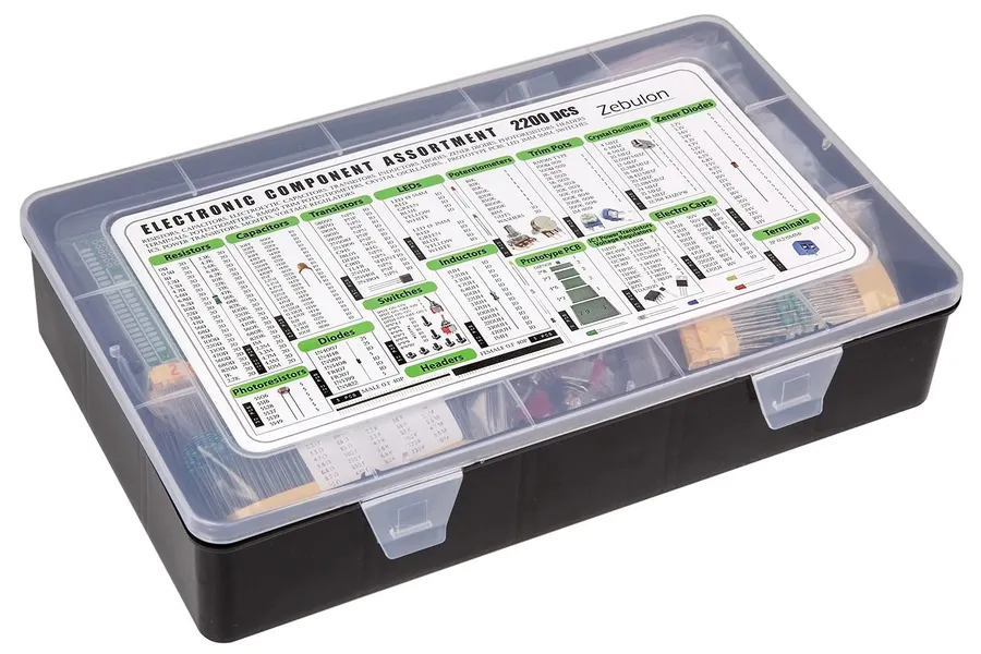 An assortment of various electronic components laid out on a table.