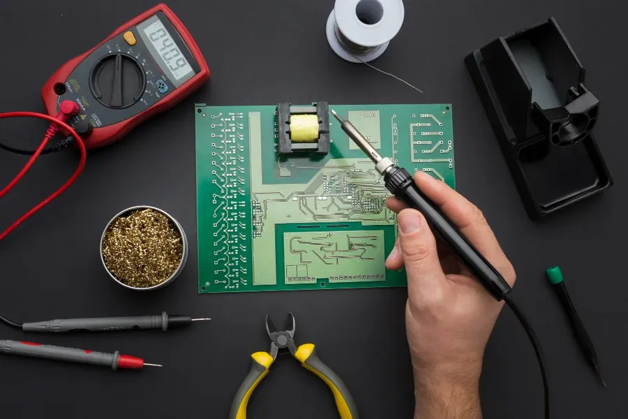 A close-up view of someone inspecting an electronic component with a magnifying glass.