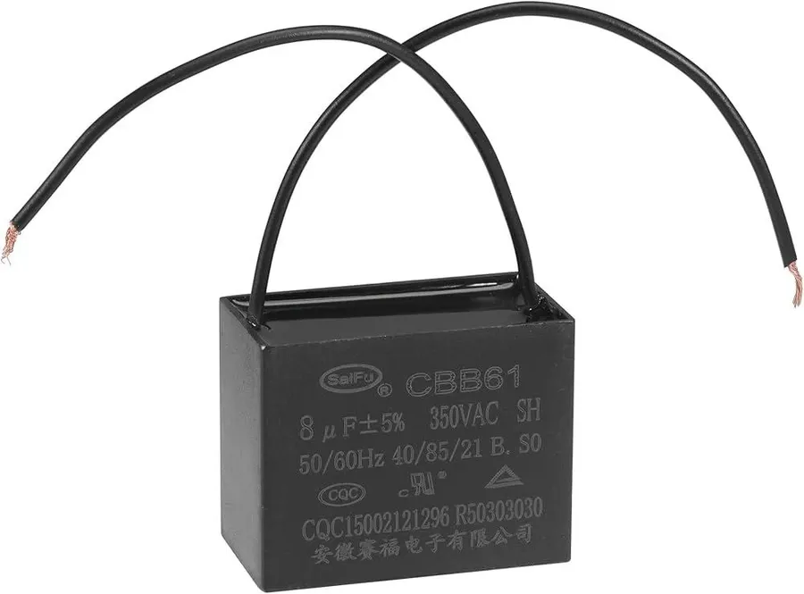A close-up view of a capacitor with printed specifications.