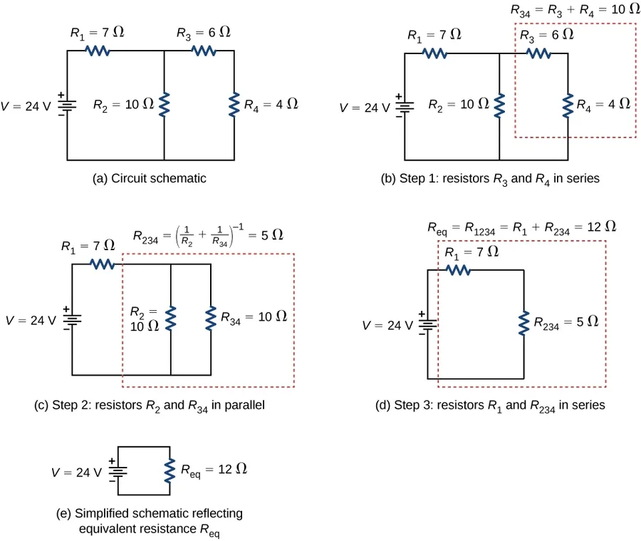A circuit diagram showing a combination of series and parallel resistor connections.