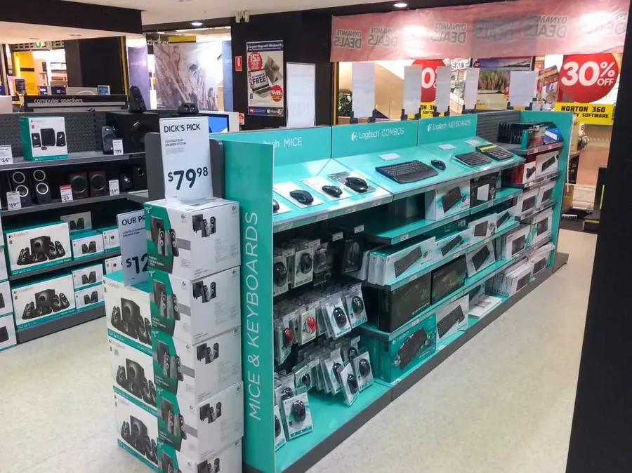 A display shelf filled with various electronic products.