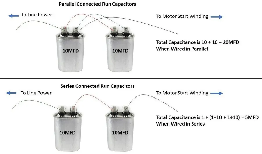 A photograph showing several different types of capacitors connected in parallel on a breadboard.