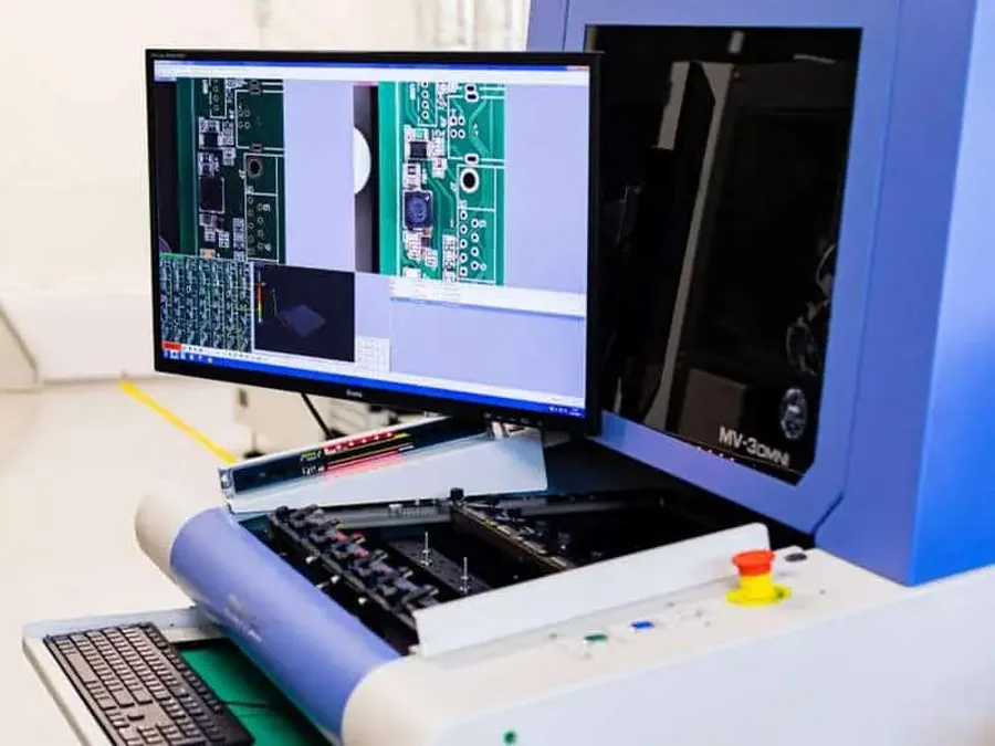 An Automated Optical Inspection machine examining a PCB.