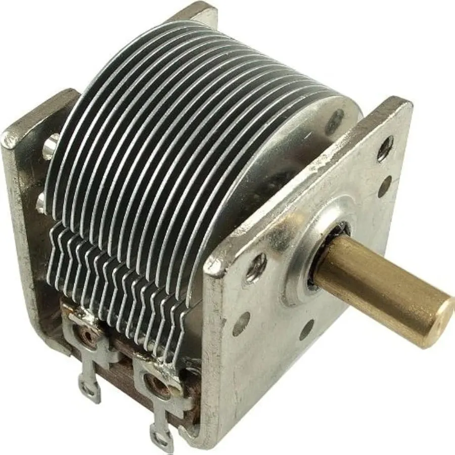 An air variable capacitor with visible metal plates.