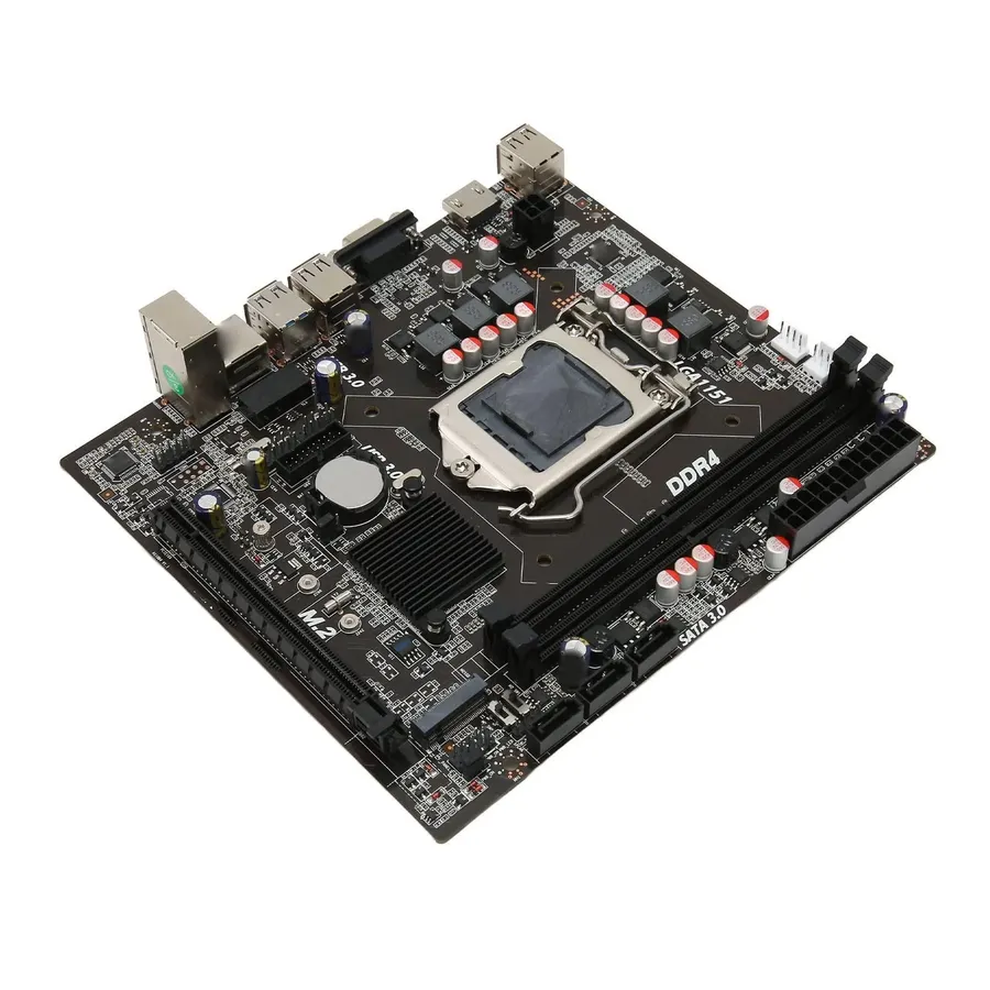 A motherboard with many SMD capacitors.