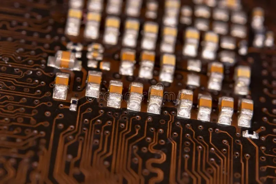 A close-up of various SMD capacitors on a circuit board.