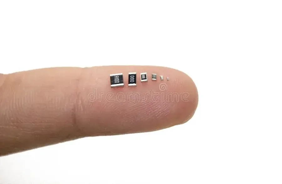 A comparison of various sizes of SMD resistors with a scale.