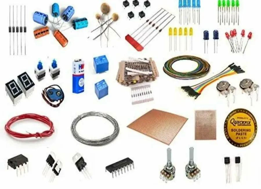 A view of shelves stocked with various electronic components.