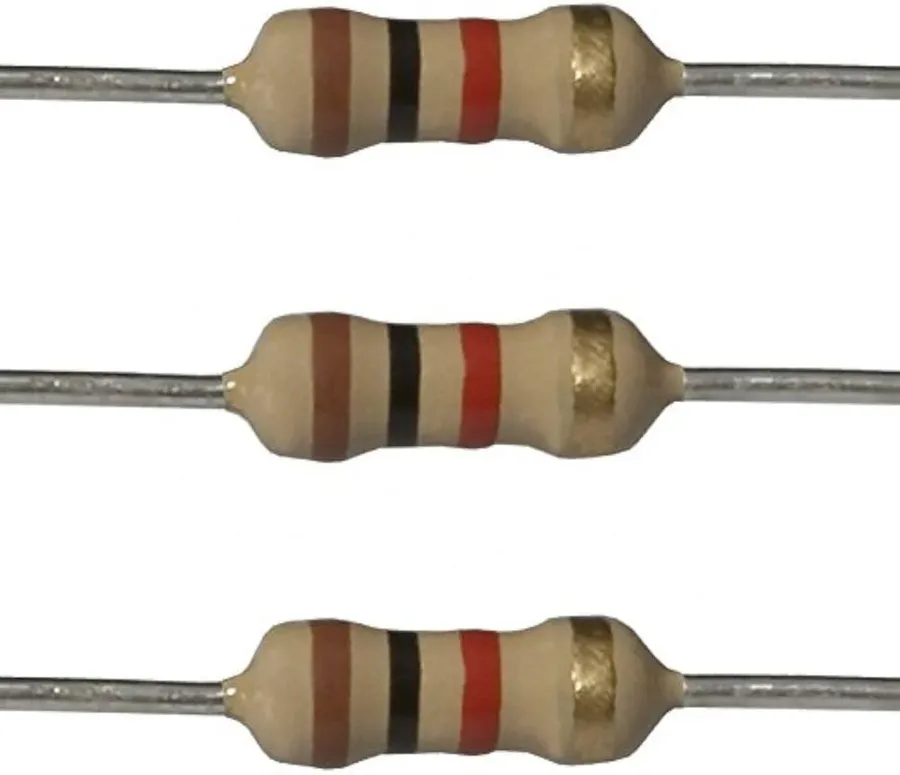 A close-up of a 1k ohm resistor with color bands visible.