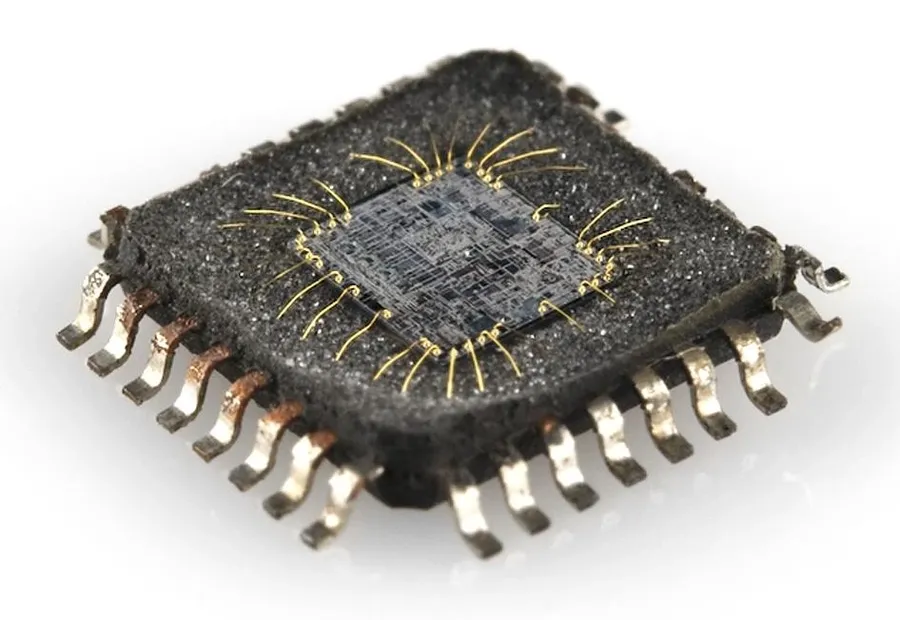 A close-up of an integrated circuit chip.
