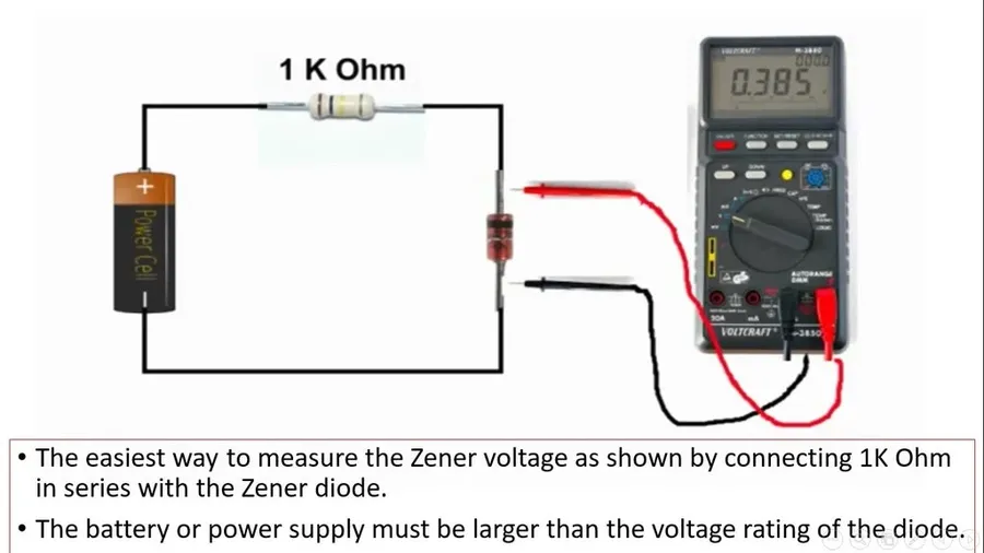 A multimeter measuring the voltage of a Zener diode in a circuit.