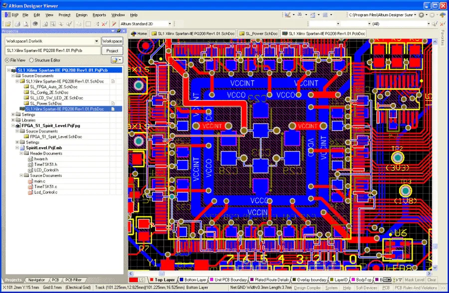 A screen capture of PCB design software showing a complex circuit board layout.