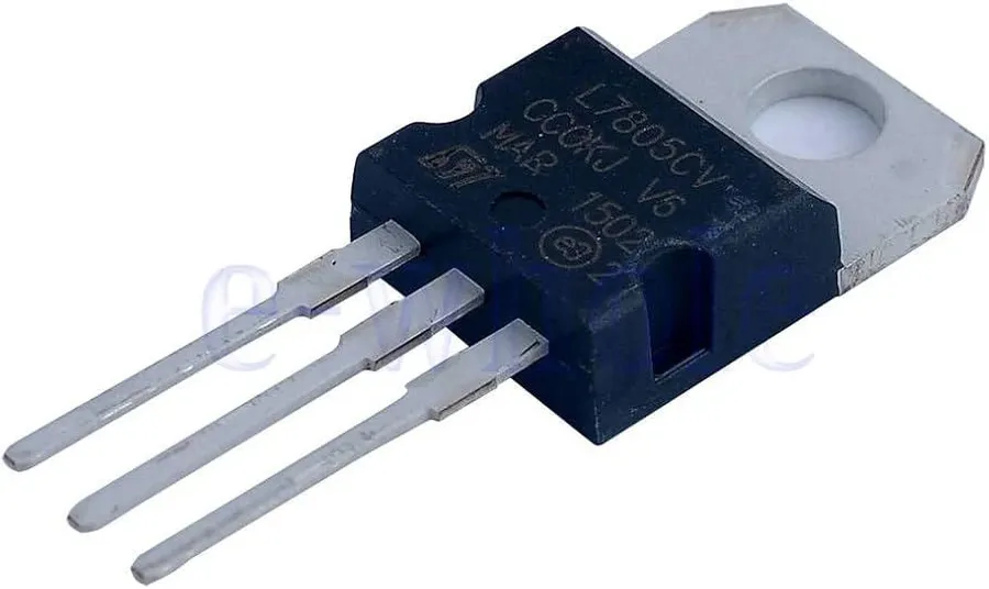 A close-up view of a 7805 voltage regulator chip.