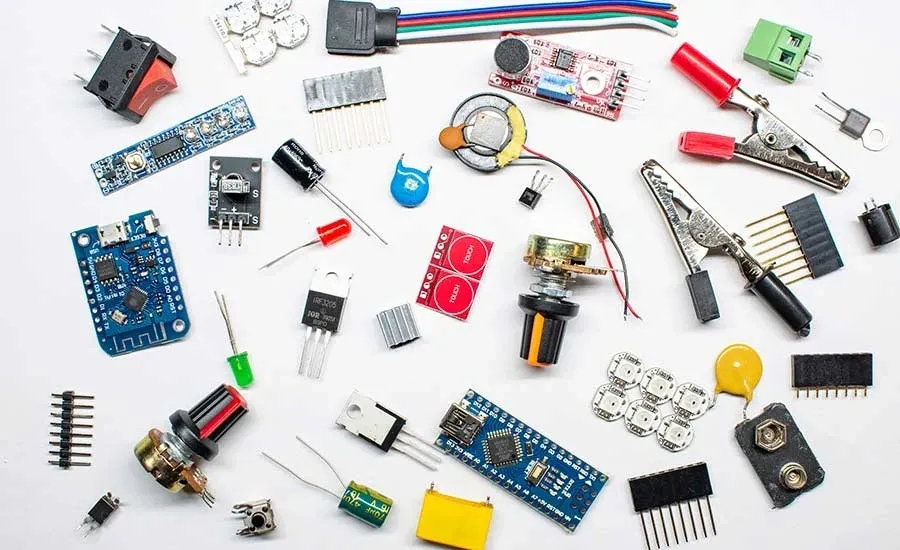 Various electronic components in bulk quantities.