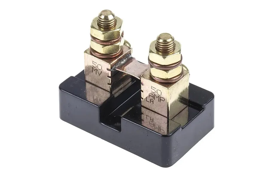 A close-up view of a shunt resistor.