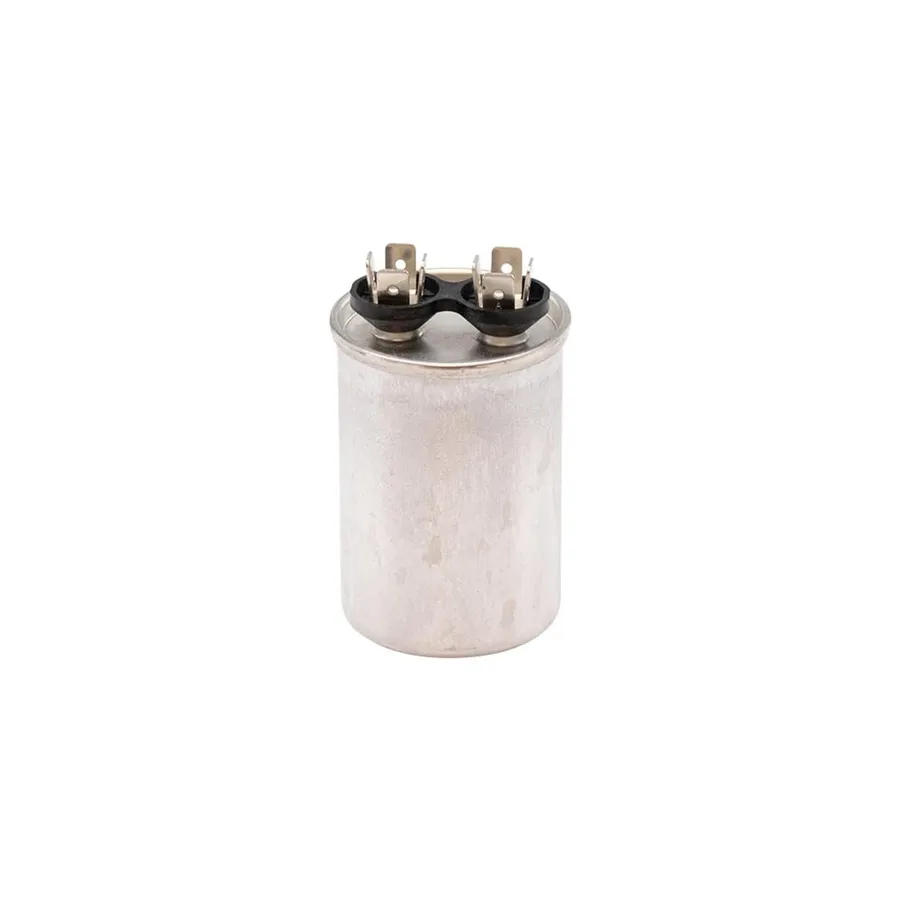 A run capacitor with its typical metallic casing.