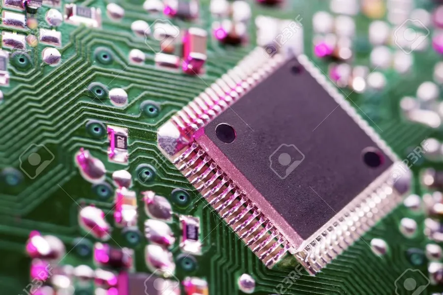 A close-up view of an integrated circuit chip.