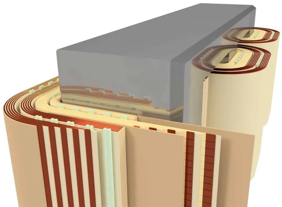 Transformer windings with insulation layers.