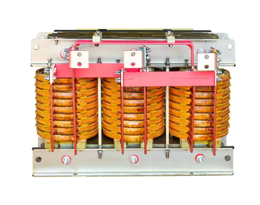A view of the primary and secondary windings of a transformer.