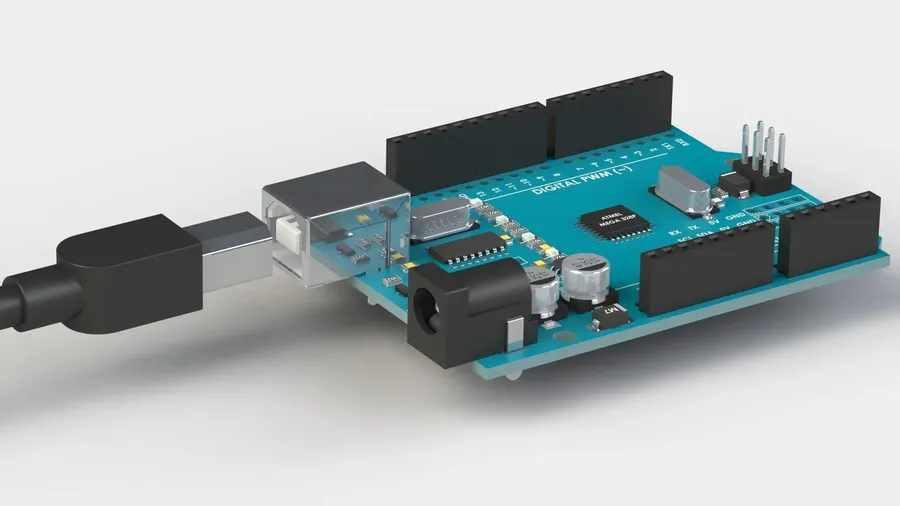 Detail of the power supply pins on an Arduino Uno board.