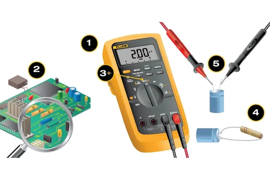 A multimeter being used to test a capacitor.