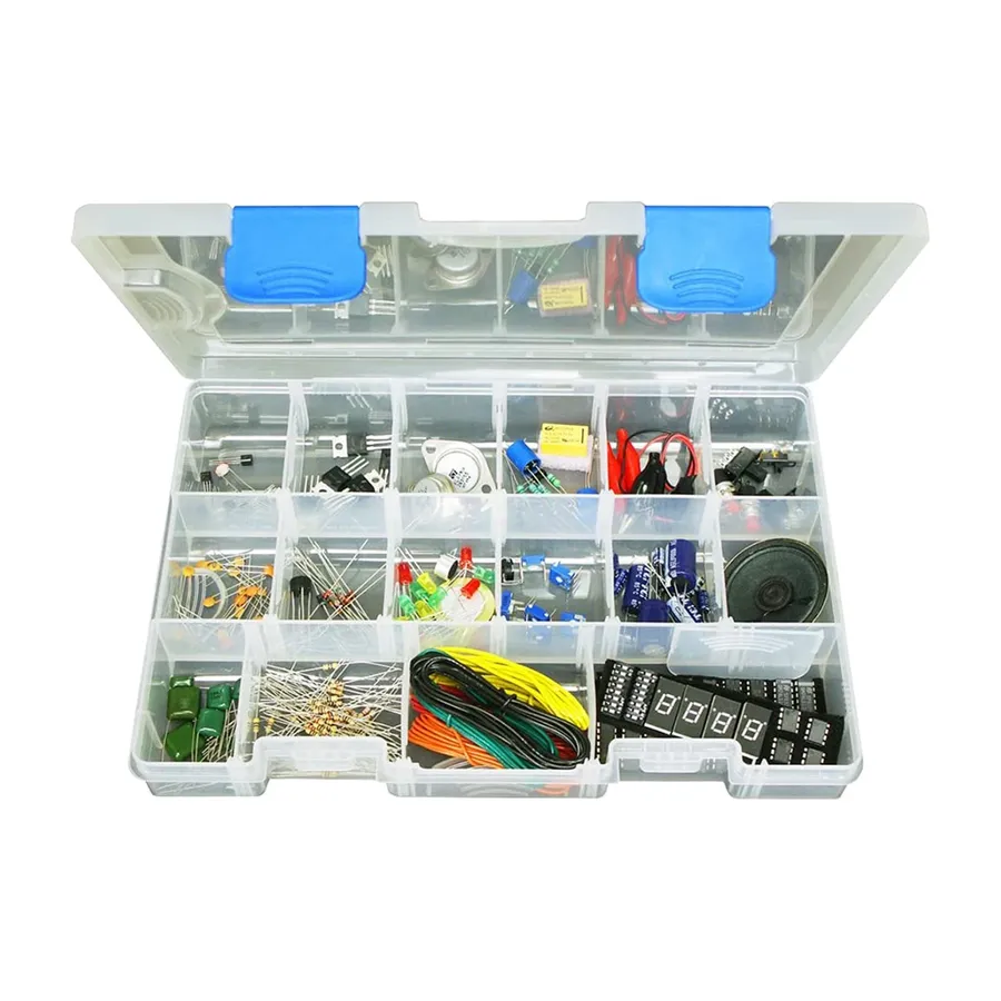 A collection of various electronic components including 100k resistors.
