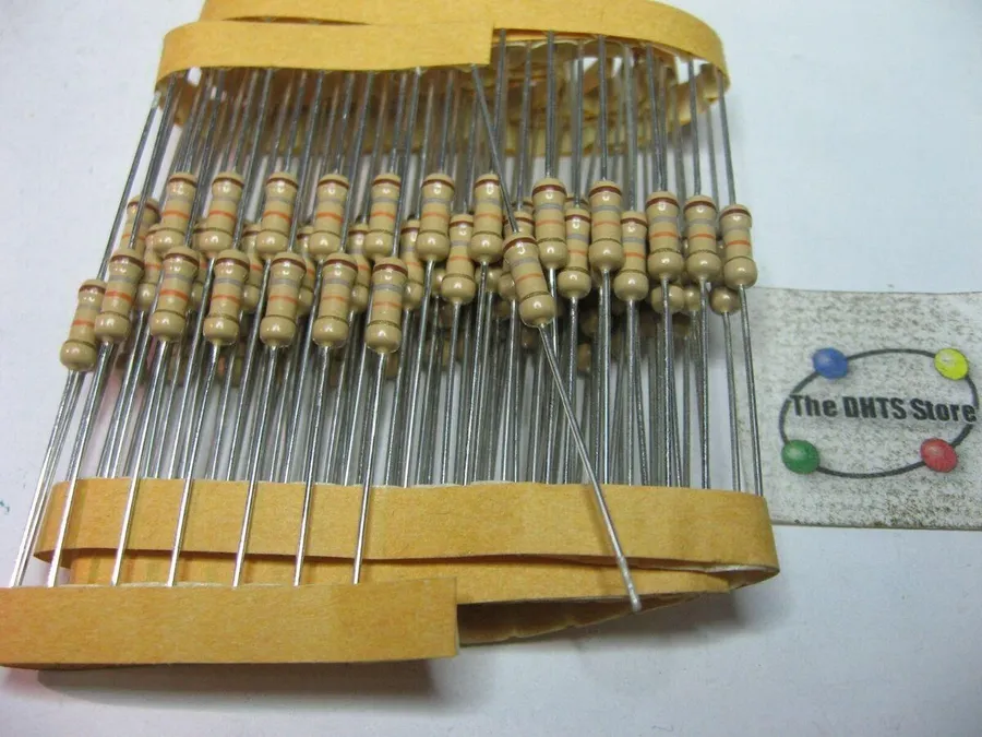 A shelf in an electronics store filled with various resistors.