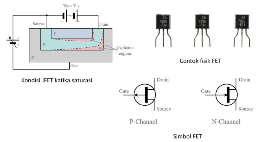 A schematic diagram illustrating how an FET transistor operates.