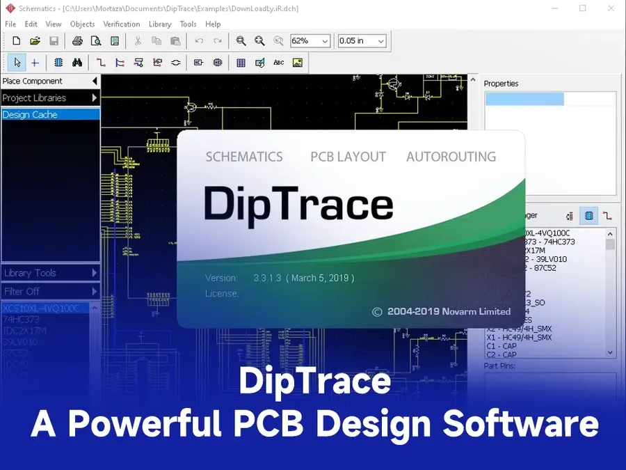 A view of the DipTrace component library, showing symbols, footprints, and 3D models.