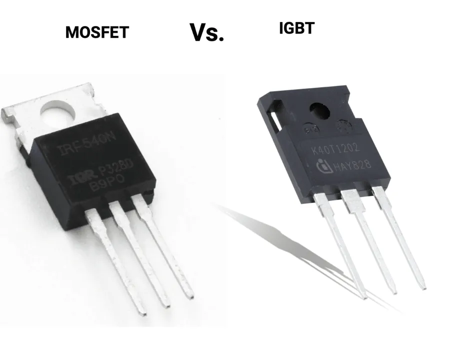 A side-by-side view of an IGBT transistor and a MOSFET transistor.