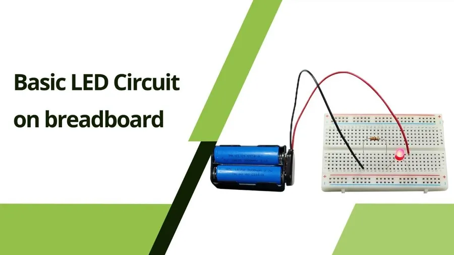 A simple LED circuit built on a breadboard.