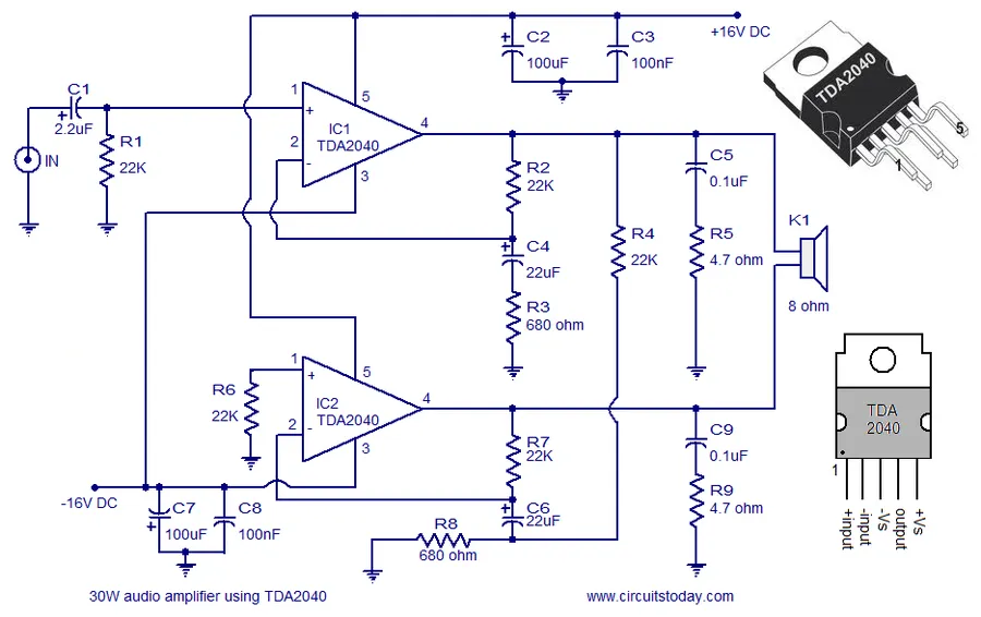 A schematic diagram of an audio amplifier circuit highlighting coupling capacitors.