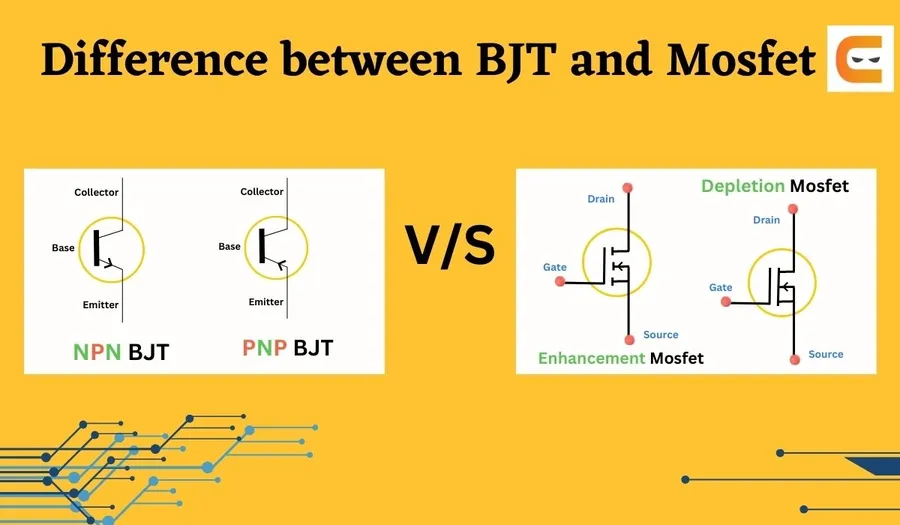 A comparison image of a bipolar transistor and a MOSFET.