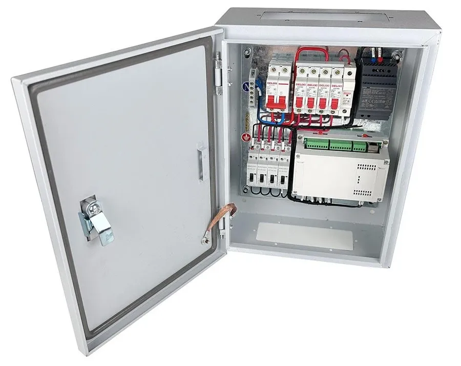 A modern smart electrical distribution board with digital displays.
