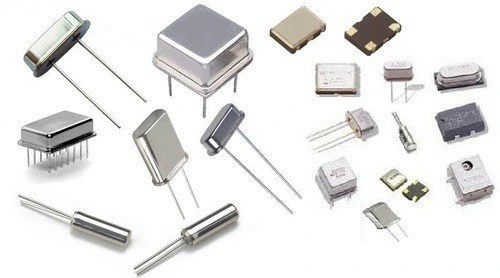 A close-up view of a crystal oscillator component.