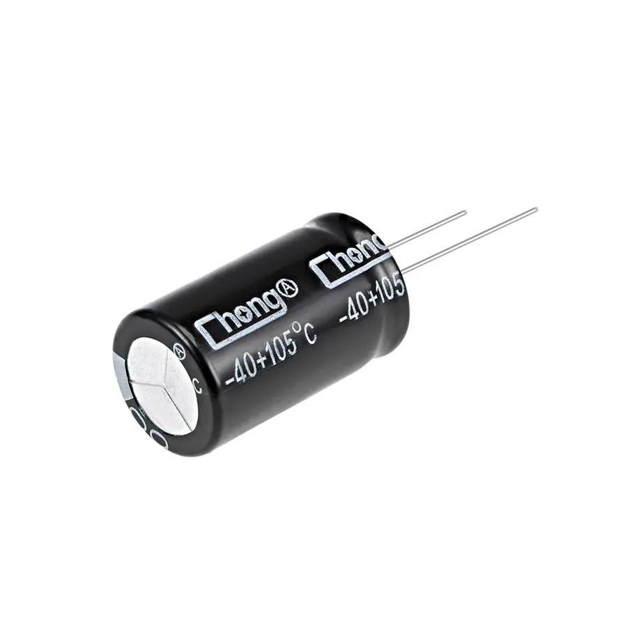 Close-up of different aluminum electrolytic capacitors.